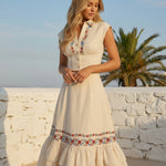 Beige Linen Blend Floral Embroidery High Waist Tiered Ruffle Midi Skirt