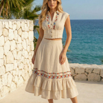 Beige Linen Blend Floral Embroidery High Waist Tiered Ruffle Midi Skirt