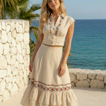 Beige Linen Blend Floral Embroidery High Waist Tiered Ruffle Midi Skirt