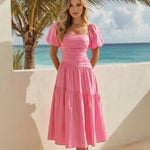 Pink Square Neck Puff Sleeve Ruched Waist Tiered Midi Dress