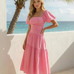 Pink Square Neck Puff Sleeve Ruched Waist Tiered Midi Dress