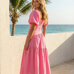 Pink Square Neck Puff Sleeve Ruched Waist Tiered Midi Dress