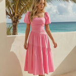 Pink Square Neck Puff Sleeve Ruched Waist Tiered Midi Dress