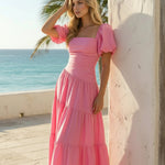 Pink Square Neck Puff Sleeve Ruched Waist Tiered Midi Dress