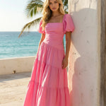 Pink Square Neck Puff Sleeve Ruched Waist Tiered Midi Dress