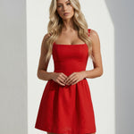 Red Linen Square Neck A-Line Mini Dress
