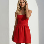 Red Linen Square Neck A-Line Mini Dress