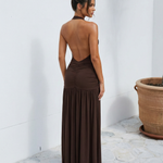 Brown Halter Backless Ruched Bodice Maxi Dress