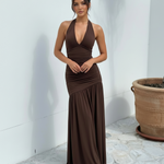 Brown Halter Backless Ruched Bodice Maxi Dress