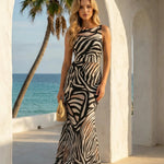 Leopard Print Boat Neck Sleeveless Sheer Mesh Maxi Dress