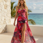 Red Floral Print Corset High Slit Mesh Maxi Dress