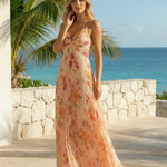 Peach Pink Floral Pleated Chiffon A-line Fit Maxi Dress