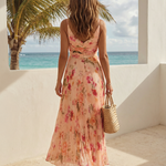 Peach Pink Floral Pleated Chiffon A-line Fit Maxi Dress