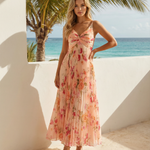 Peach Pink Floral Pleated Chiffon A-line Fit Maxi Dress