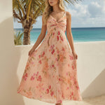 Peach Pink Floral Pleated Chiffon A-line Fit Maxi Dress