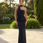 One-Shoulder Scarf Detail Ruched Maxi Dress
