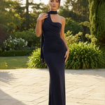 One-Shoulder Scarf Detail Ruched Maxi Dress