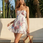 Floral Print Strapless Ruched Bust Ruffle Hem Mini Dress