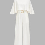 White Cape Sleeve Belted Wide Leg Jumpsuit