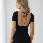 Black Deep V Neck Short Sleeve Stretch Bodycon Mini Dress