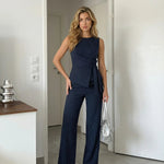 Navy Pinstripe Sleeveless Wrap Top Wide Leg Pants Set