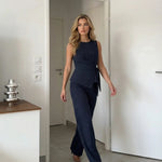 Navy Pinstripe Sleeveless Wrap Top Wide Leg Pants Set