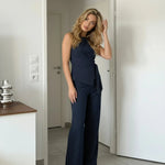 Navy Pinstripe Sleeveless Wrap Top Wide Leg Pants Set