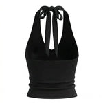 Black Halter Deep V Neck Tie Backless Crop Top