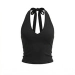 Black Halter Deep V Neck Tie Backless Crop Top