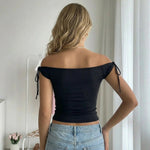 Black Off-Shoulder Tie Short Sleeve Crop Top