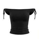 Black Off-Shoulder Tie Short Sleeve Crop Top