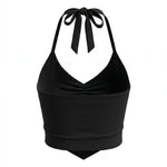 Black Halter Neck Tie-up Design Slim Fit Cropped Top