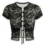 Black Lace Sheer Cutout Short Sleeve T-Shirt