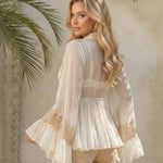Cream Lace Trim Flared Sleeve Cinched Waist Chiffon Blouse