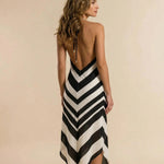 Stripe Halter Open Back Asymmetric Midi Dress