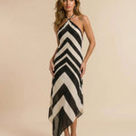 Stripe Halter Open Back Asymmetric Midi Dress