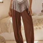 Brown Bohemian Linen Blend Loose Fit Ankle Length Pants