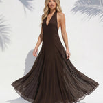 Brown Plunging Halter Chiffon Flowy A line Maxi Dress