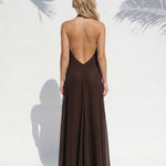 Brown Plunging Halter Chiffon Flowy A line Maxi Dress