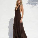 Brown Plunging Halter Chiffon Flowy A line Maxi Dress