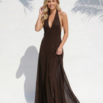 Brown Plunging Halter Chiffon Flowy A line Maxi Dress