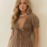 Brown Lace Crochet Detail Slim Fit Maxi Dress