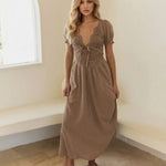 Brown Lace Crochet Detail Slim Fit Maxi Dress