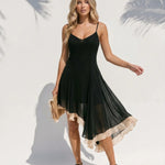 Black Ruffle Hem Flowy Chiffon Slim Fit High Low Dress