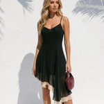 Black Ruffle Hem Flowy Chiffon Slim Fit High Low Dress