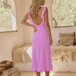 Pink Ruffle Detail Floral Textured Slim Fit Maxi Dress