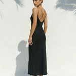 Black Double Strap V-Neck Satin Trim Slip Maxi Dress