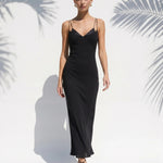 Black Double Strap V-Neck Satin Trim Slip Maxi Dress