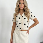 Polka Dot Ruffle Trim V-Neck Short Sleeve Cropped Blouse