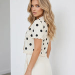 Polka Dot Ruffle Trim V-Neck Short Sleeve Cropped Blouse